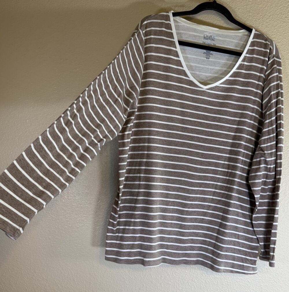 Croft & Barrow Plus 2X Classic Tee Top Shirt Long Sleeve Brown Stripe Cotton